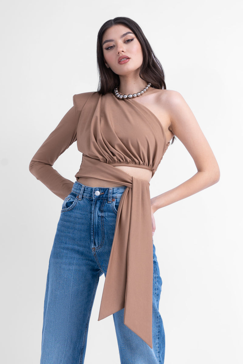 Beige asymmetrical top with scarf