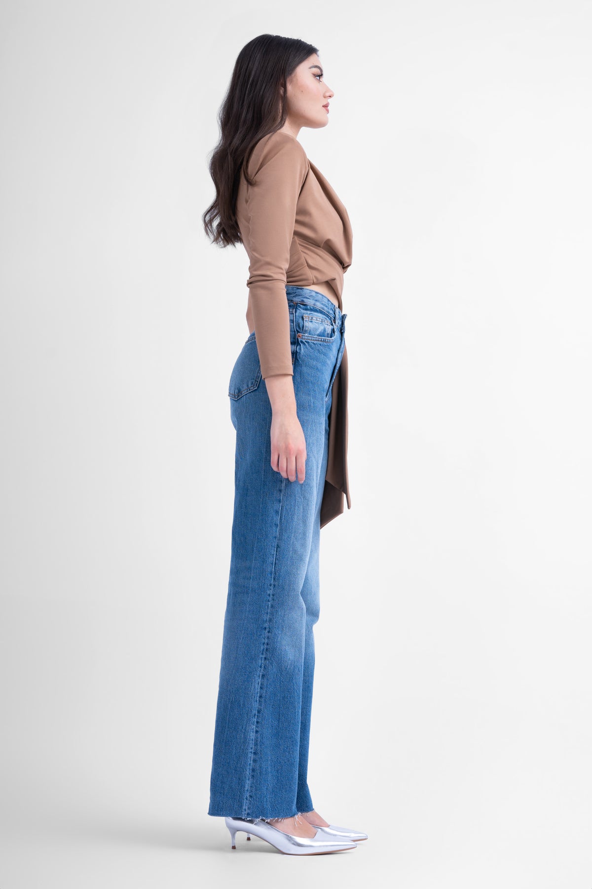 Beige asymmetrical top with scarf