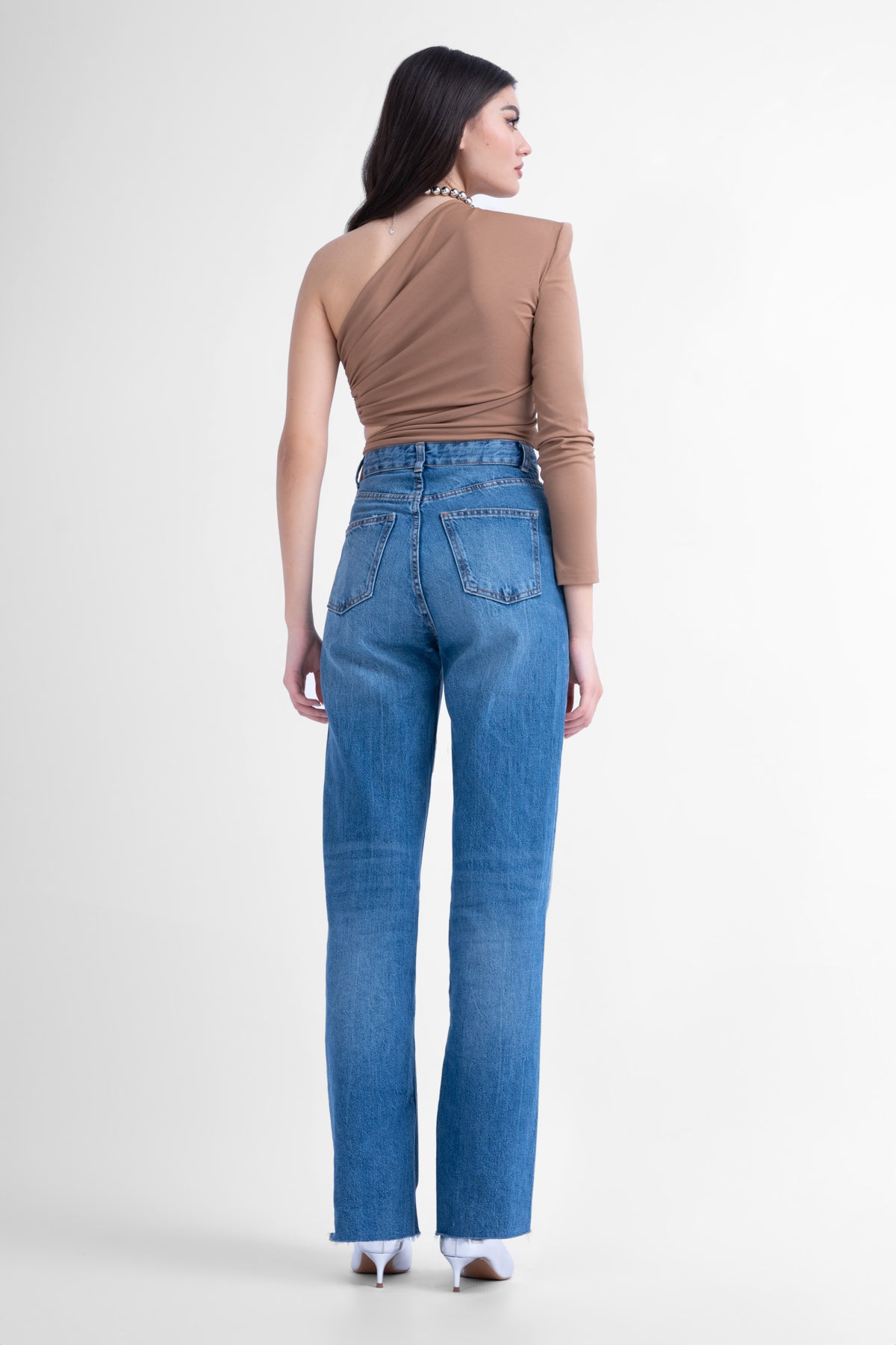 Beige asymmetrical top with scarf