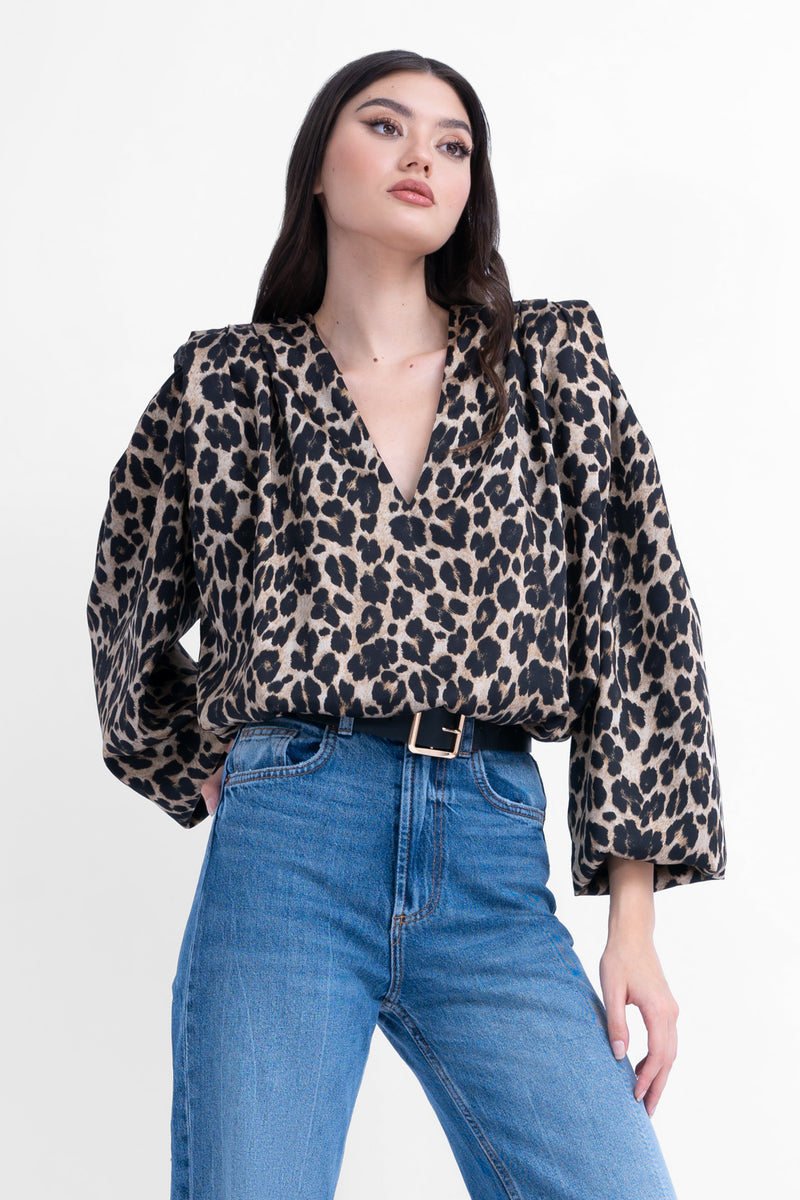Printed blouse with draping detailing and puffy sleeves