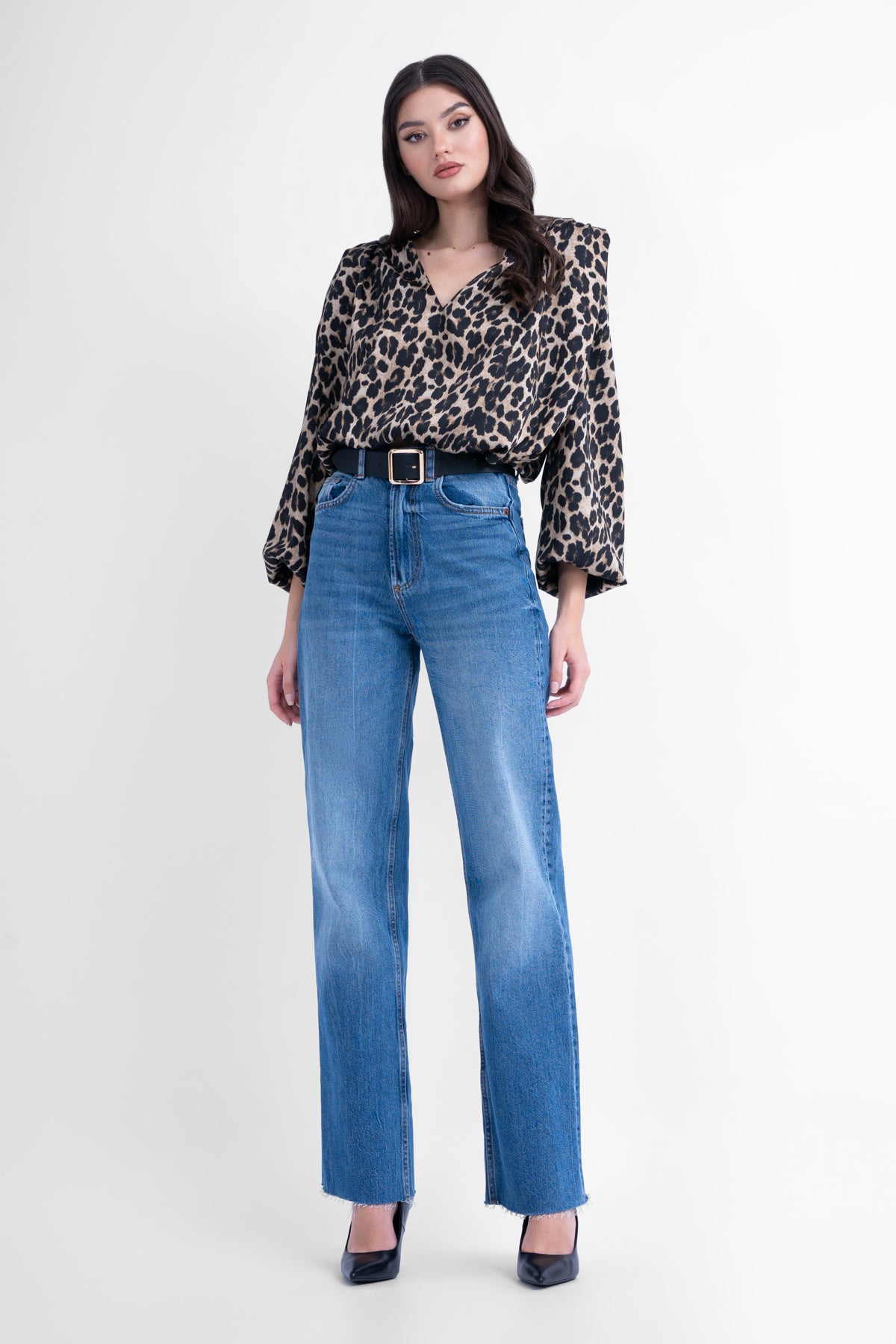 Bluza cu umeri drapati maneci bufante din animal print