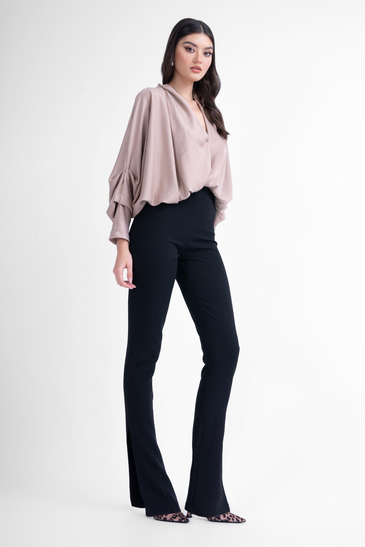 Beige blouse with draped sleeves and V-neck