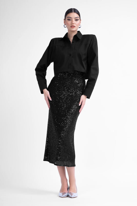 Black sequin midi skirt