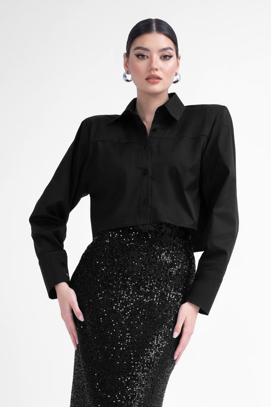 Camasa neagra cropped cu umeri proeminenti din poplin