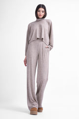 Knitted matching set with blouse and wide leg trousers