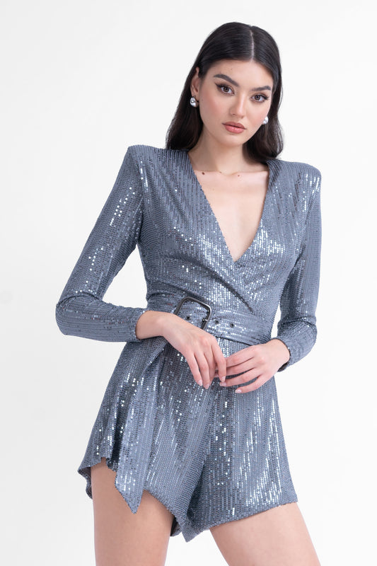 Grey sequin mini jumspuit with proeminent shoulders and belt