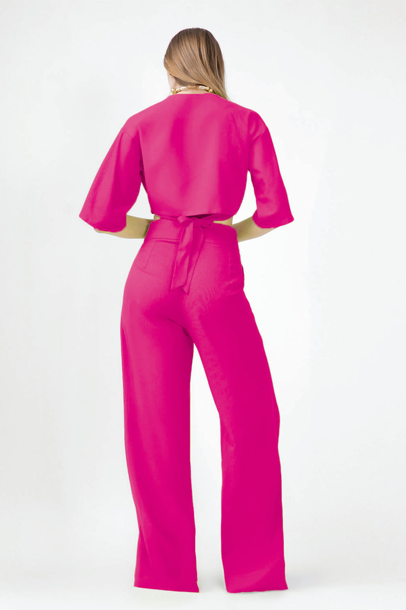 FUCHSIA BIJPASSENDE SET MET CROPPED SHIRT EN RECHTE BROEK