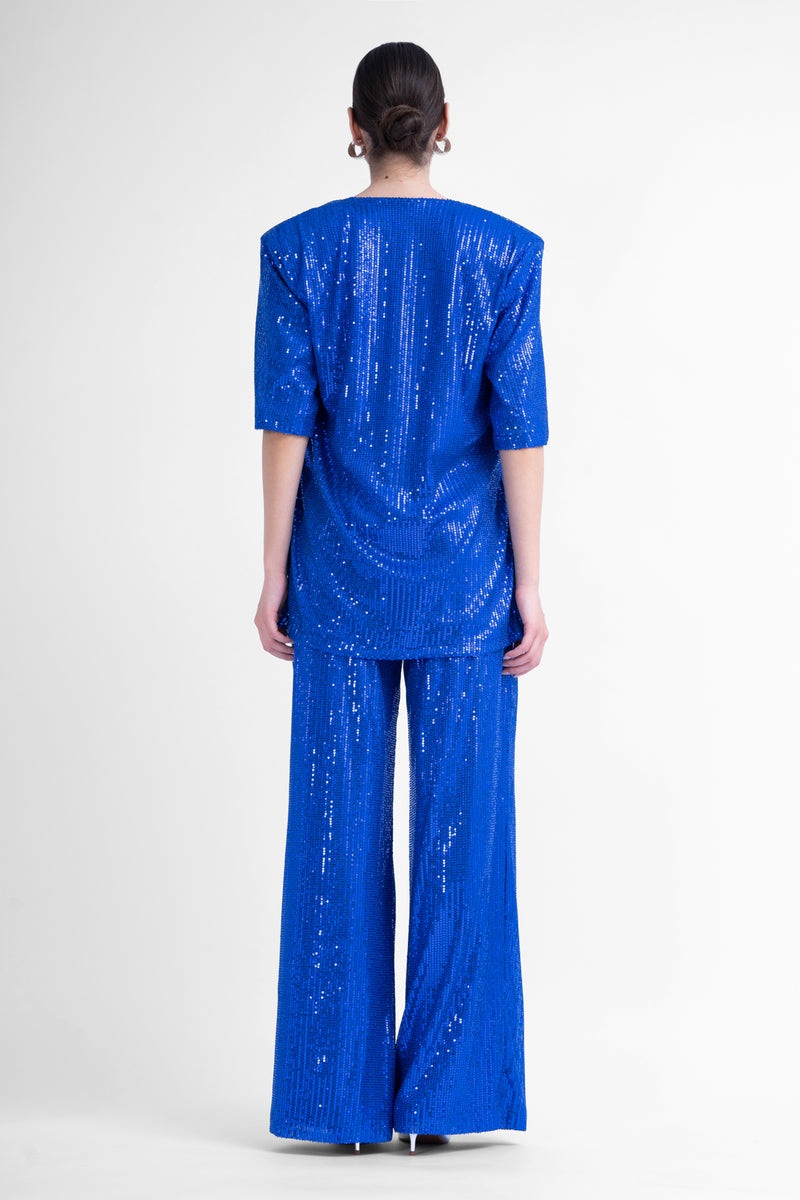 Oversized electric blue sequined blouse with side slit