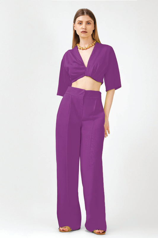 Deep Purple Matching Set with cropped shirt and straight trousers