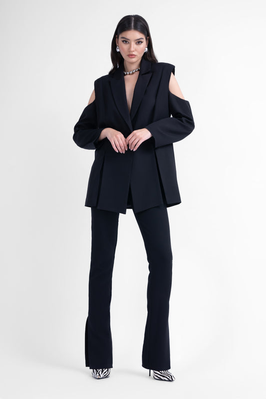 Black suit with cut-outs blazer and slim fit trousers