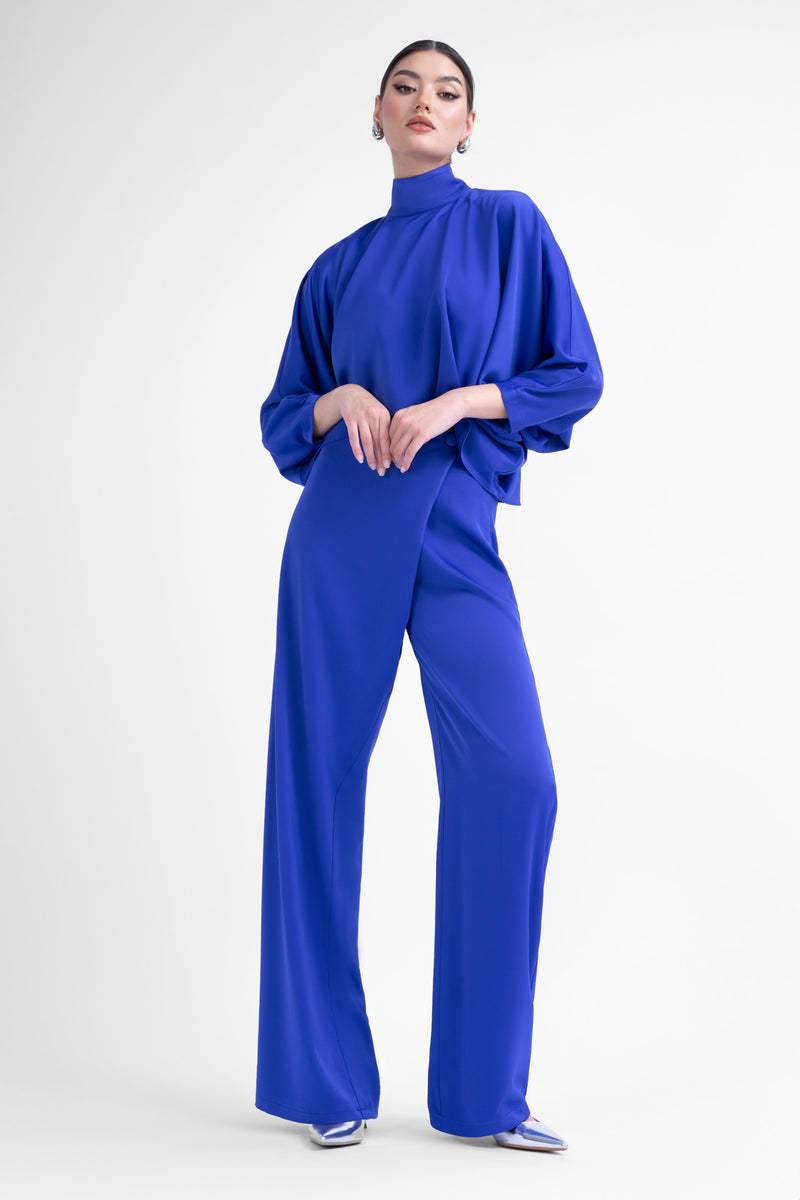 Electric blue  asymmetrical  blouse with collar and buttons