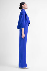 Electric blue asymmetrical wide leg trousers with button