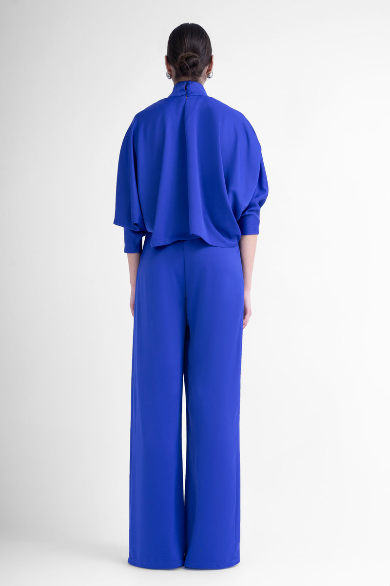 Electric blue asymmetrical wide leg trousers with button