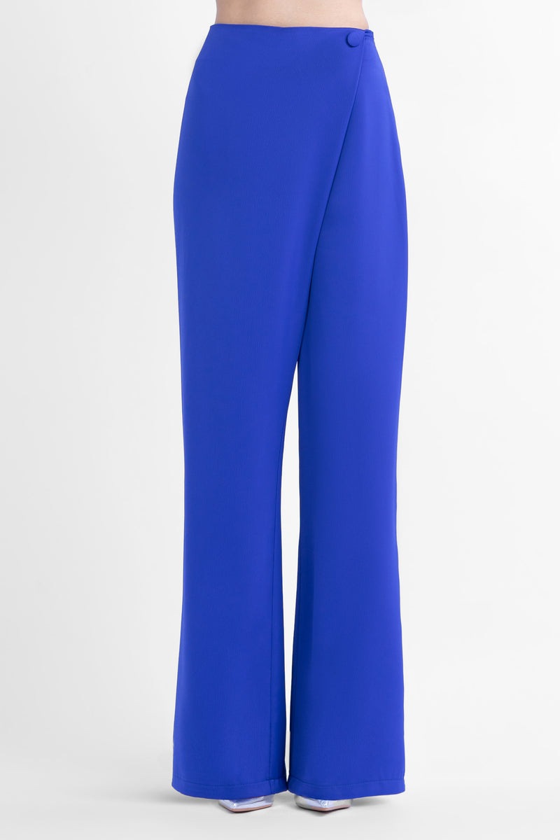 Electric blue asymmetrical wide leg trousers with button