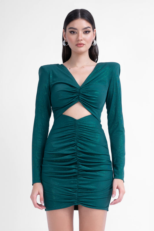 Green shimmery mini dress with structured shoulders