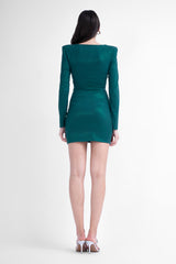 Green shimmery mini dress with structured shoulders