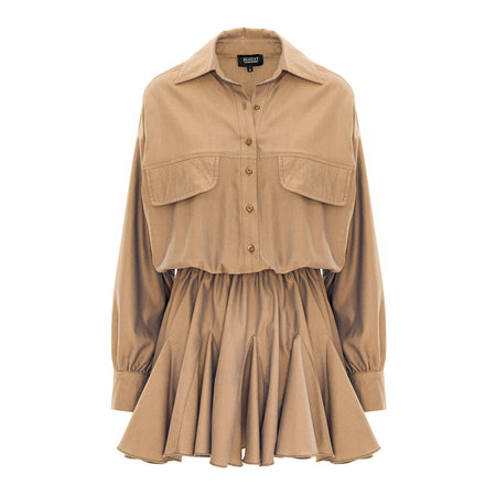 Camel Oversized Shirt Dress with Gathered Waist & Ruffle Hem