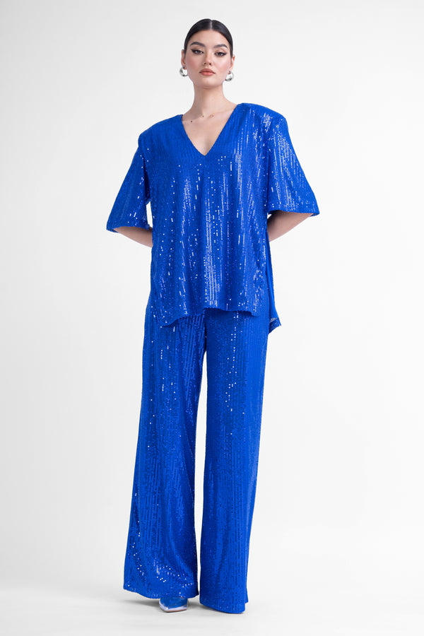 Electric blue sequin matching set with blouse and wide leg trousers