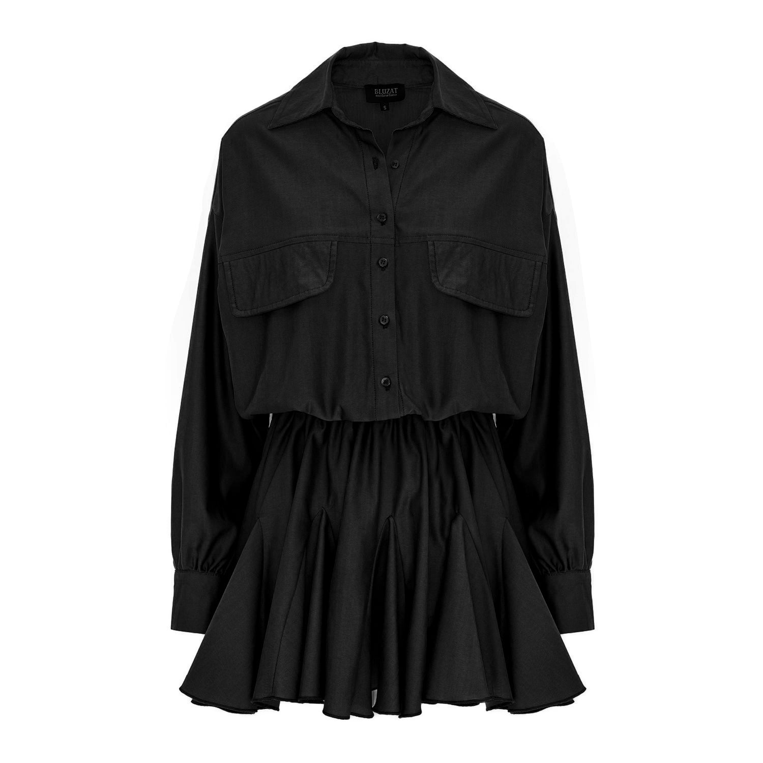 Black Oversized Shirt Dress with Gathered Waist & Ruffle Hem