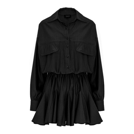 Rochie-cămașă supradimensionată neagra cu talie încrețită și tiv cu volane