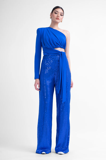 Electric blue asymmetrical top with scarf