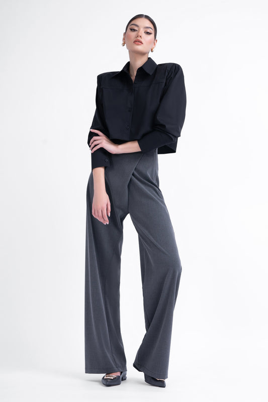 Grey asymmetrical wide leg trousers with button