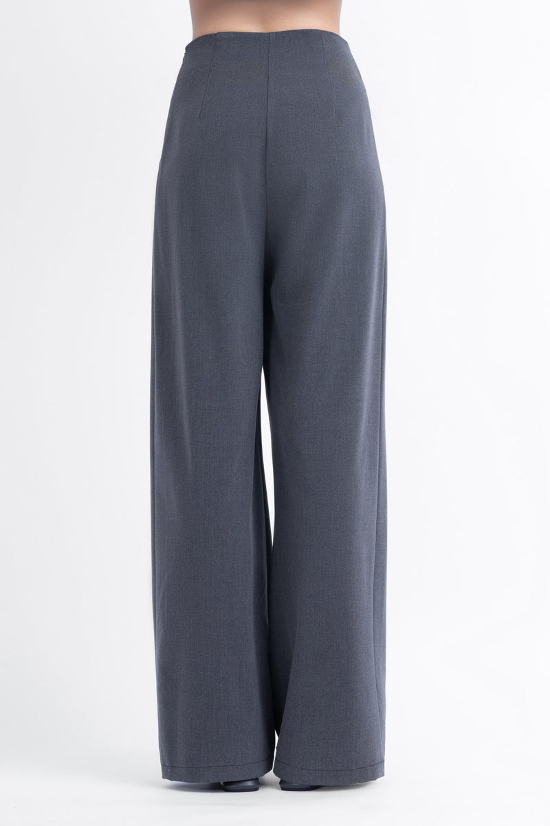 Grey asymmetrical wide leg trousers with button