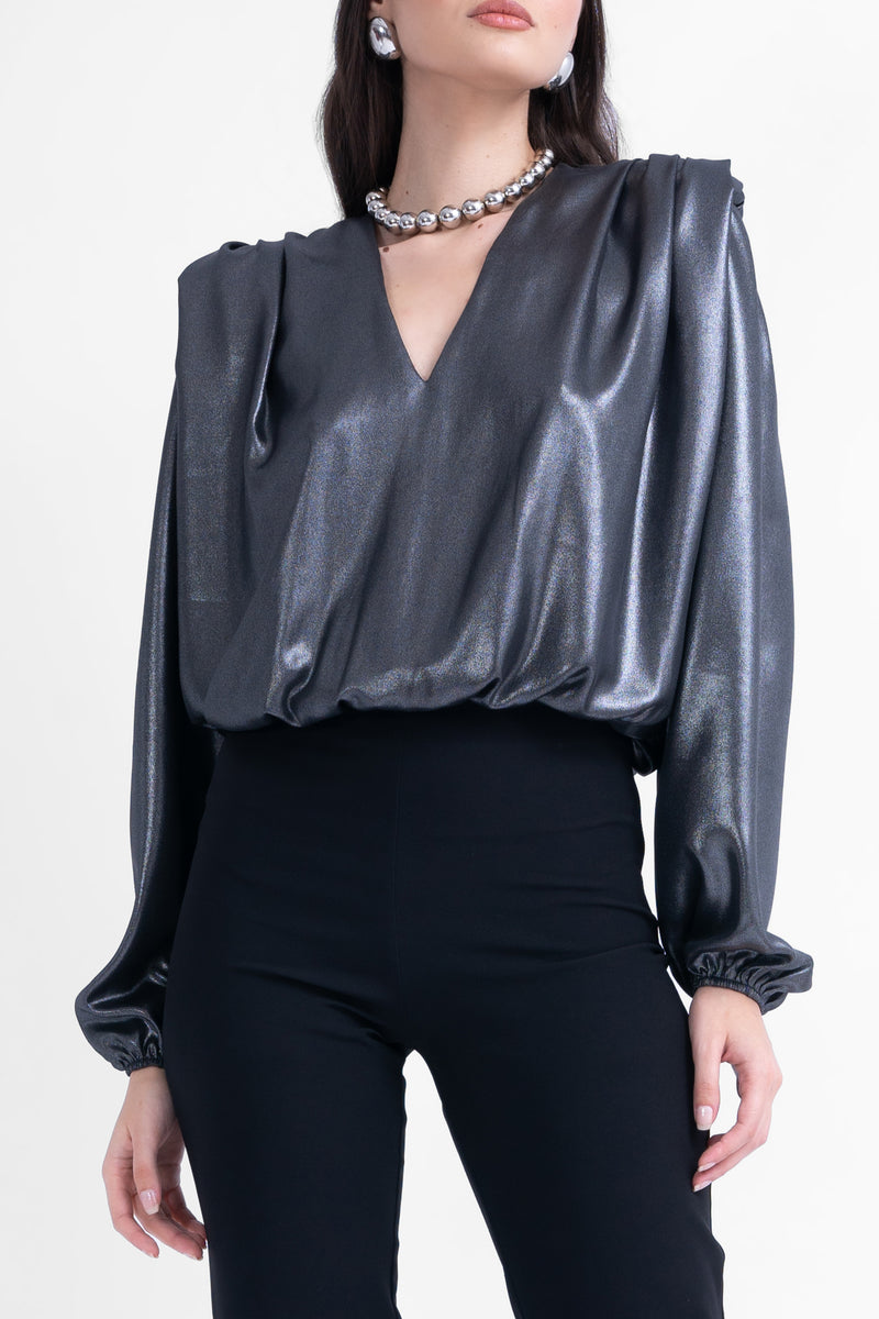 Metallic veil blouse with draping detailing and puffy sleeves