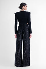 Black sequin embellished high-waist trousers