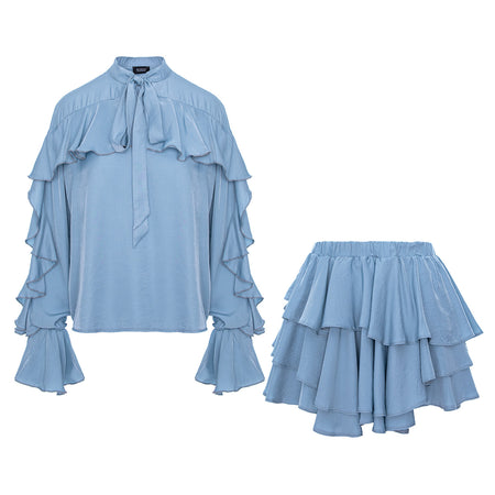 Set Ocean Breeze cu cămașă cu decolteu în V și fustă cu volane