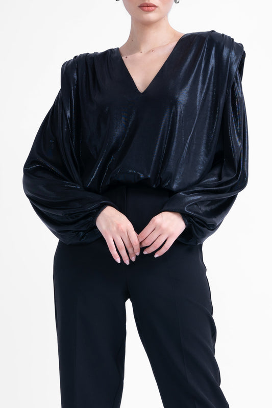 Blouse With Draping Detailing And Puffy Sleeves