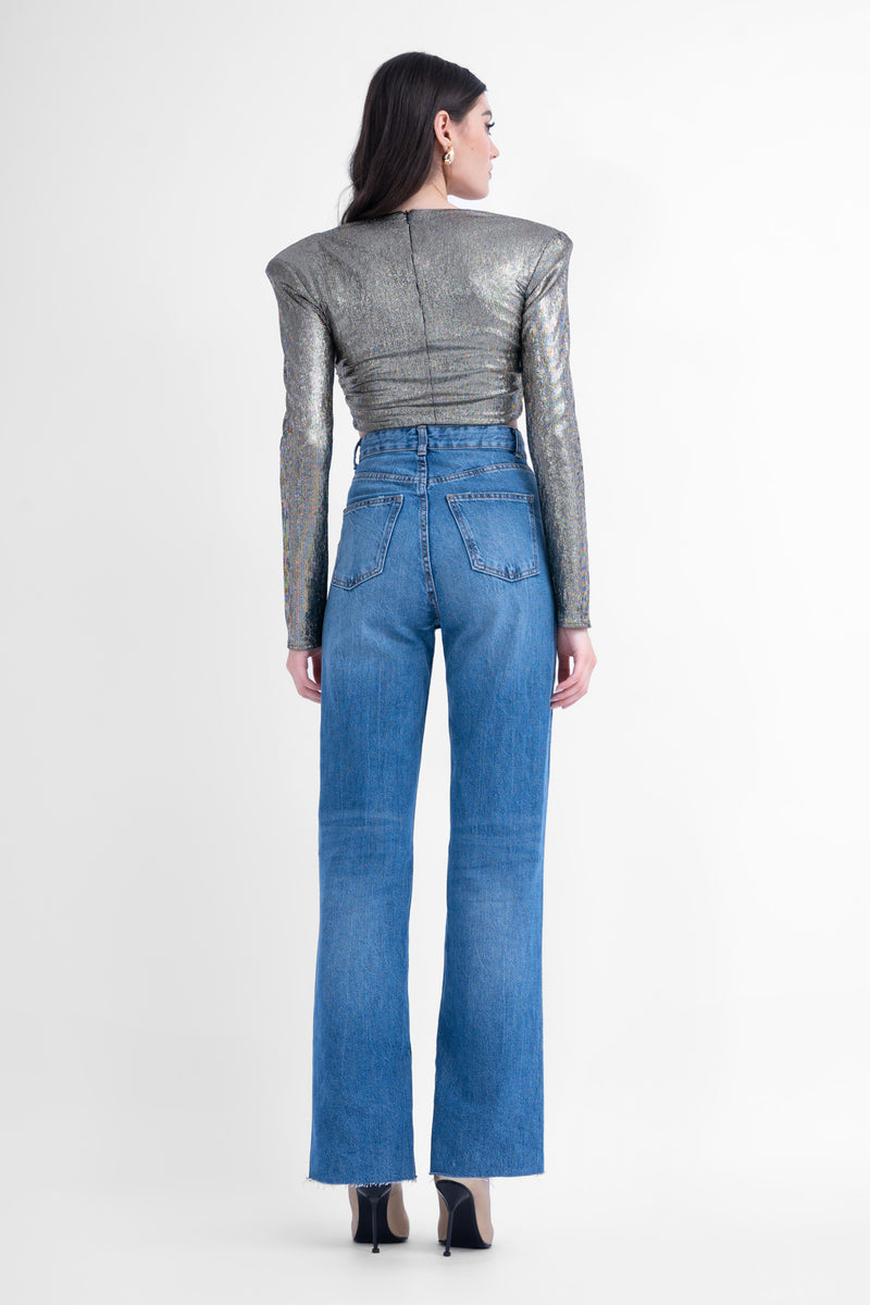 Silver Crop Top with structured shoulders and gathered detailing
