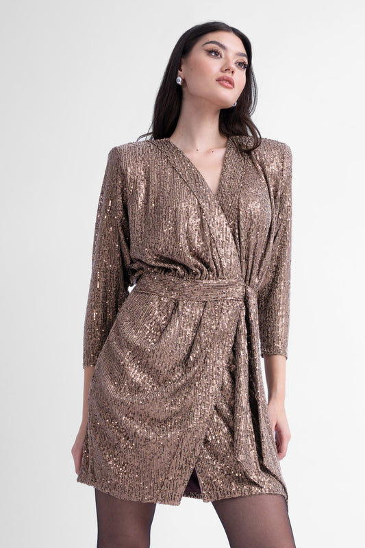 Brown sequin mini dress with draping detail and scarf