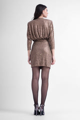 Brown sequin mini dress with draping detail and scarf