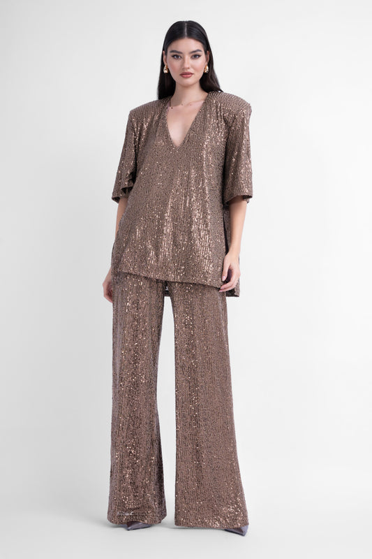 Brown sequin matching set with blouse and wide leg trousers