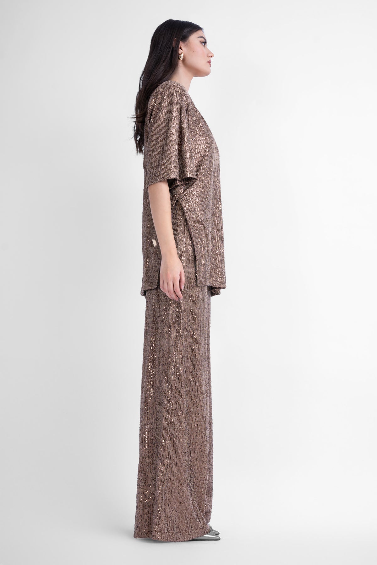 Pantaloni wide leg cu talie inalta din paiete maro