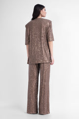 Brown sequin matching set with blouse and wide leg trousers