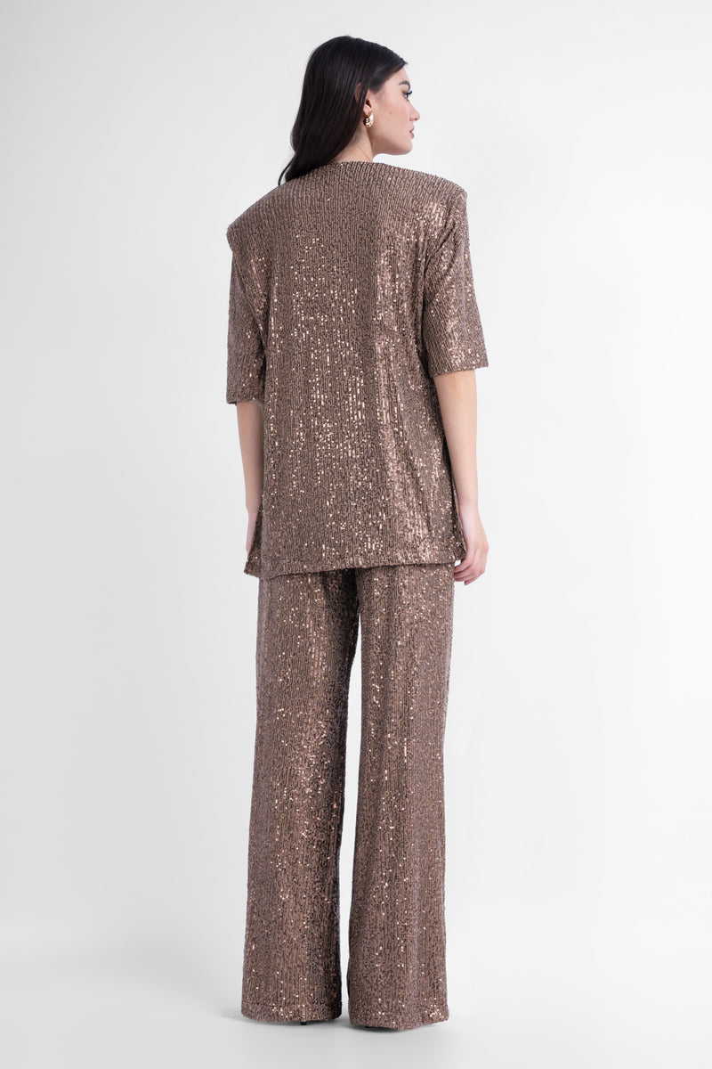Brown sequin matching set with blouse and wide leg trousers