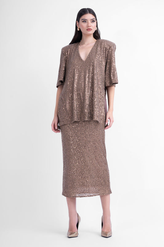 Brown sequin midi skirt