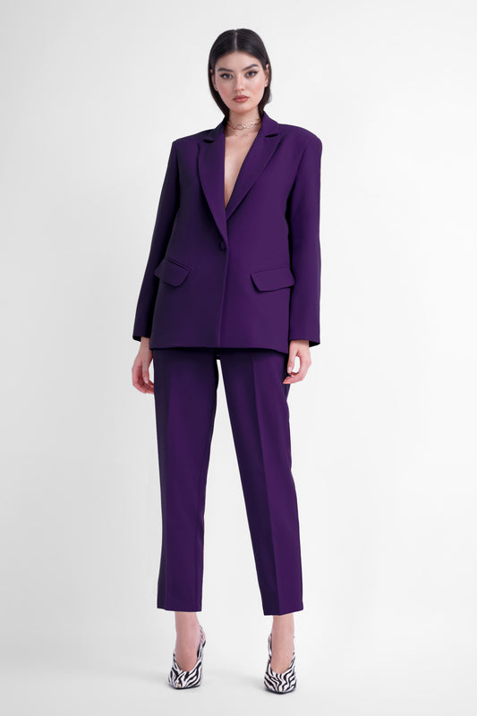 Purple suit with regular blazer and cropped trousers