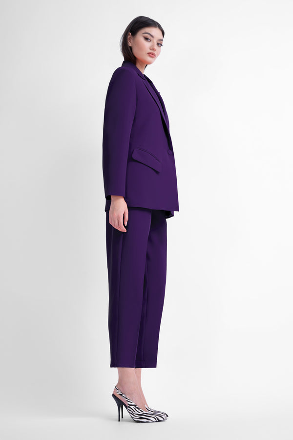 Purple suit with regular blazer and cropped trousers
