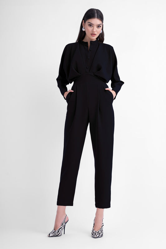 Zwarte maxi-jumpsuit met knoop en korset