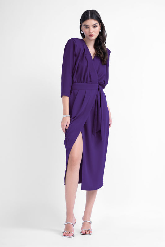 Deep purple midi dress with draping detailing and waist belt