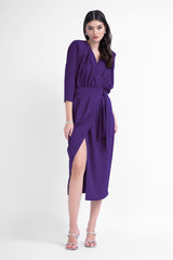 Deep purple midi dress with draping detailing and waist belt