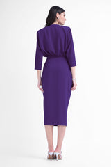 Deep purple midi dress with draping detailing and waist belt