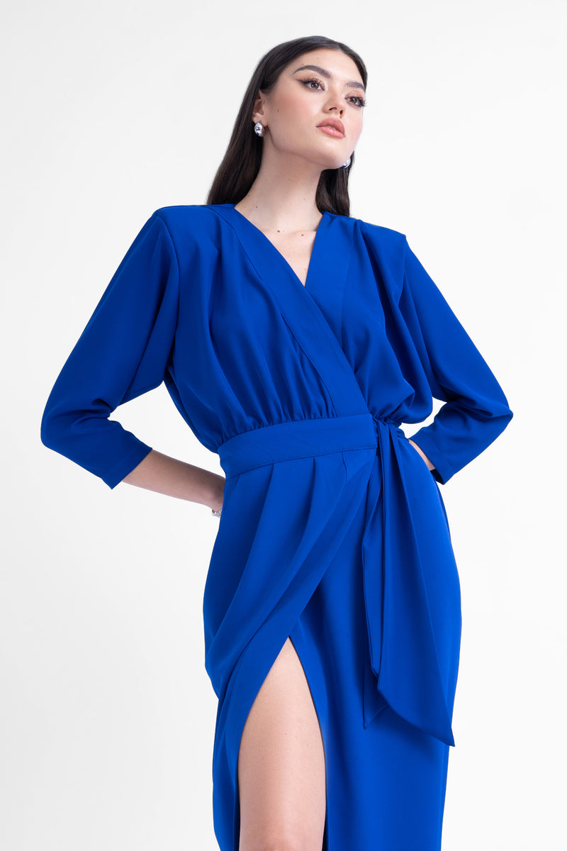 Electric blue midi dress with draping detailing and waist belt