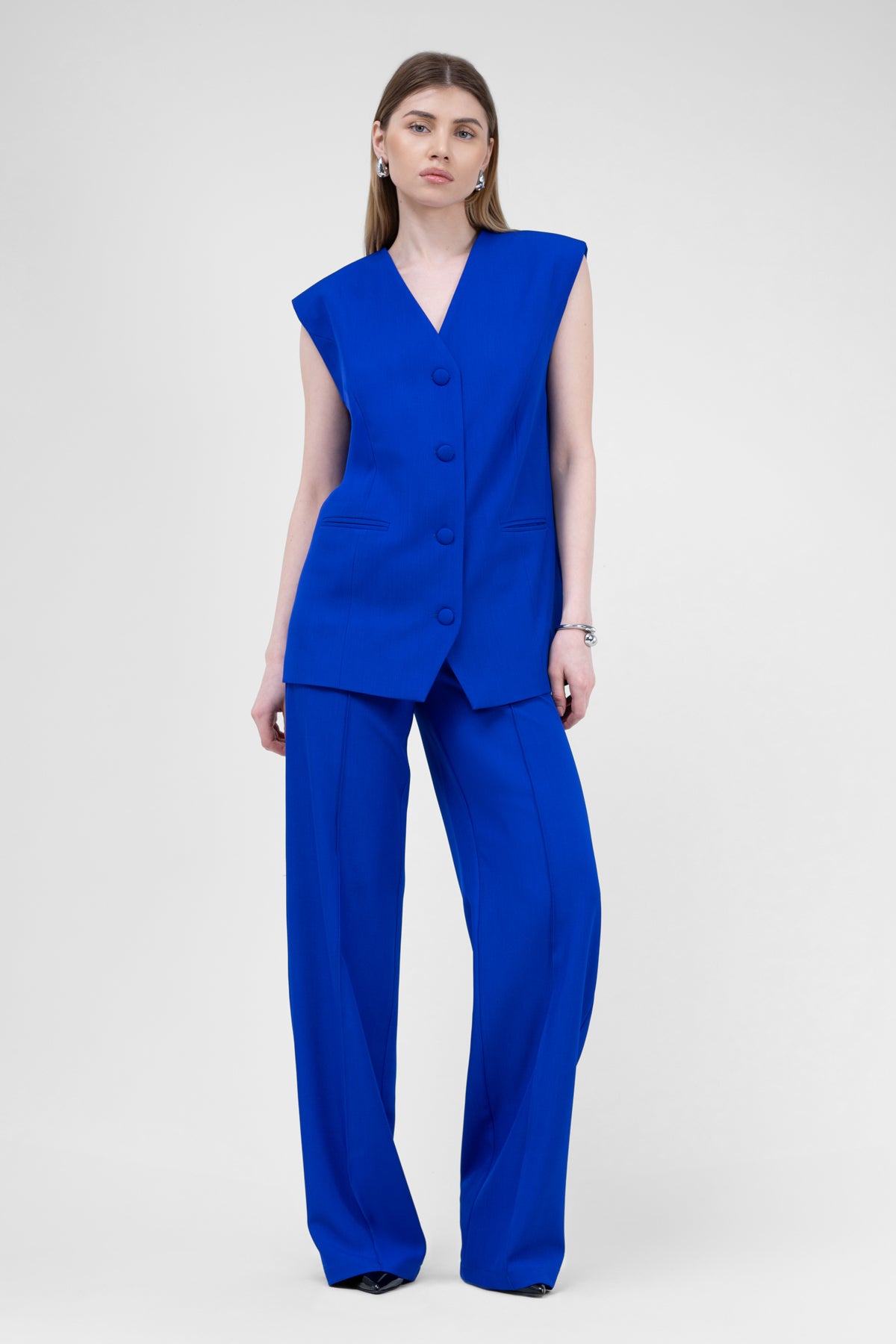 Electric Blue Suit With Oversized Vest And Stripe Detail Trousers