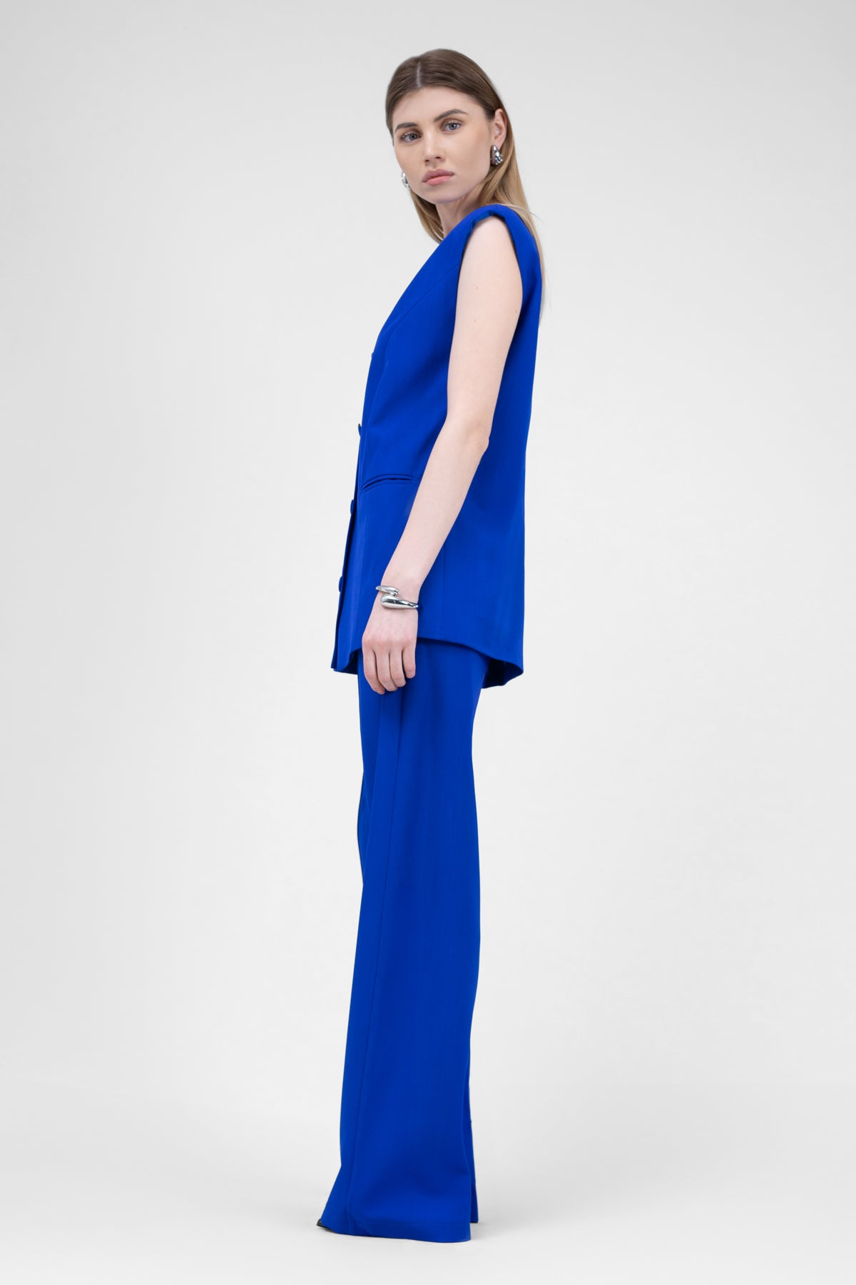 Electric Blue Suit With Oversized Vest And Stripe Detail Trousers