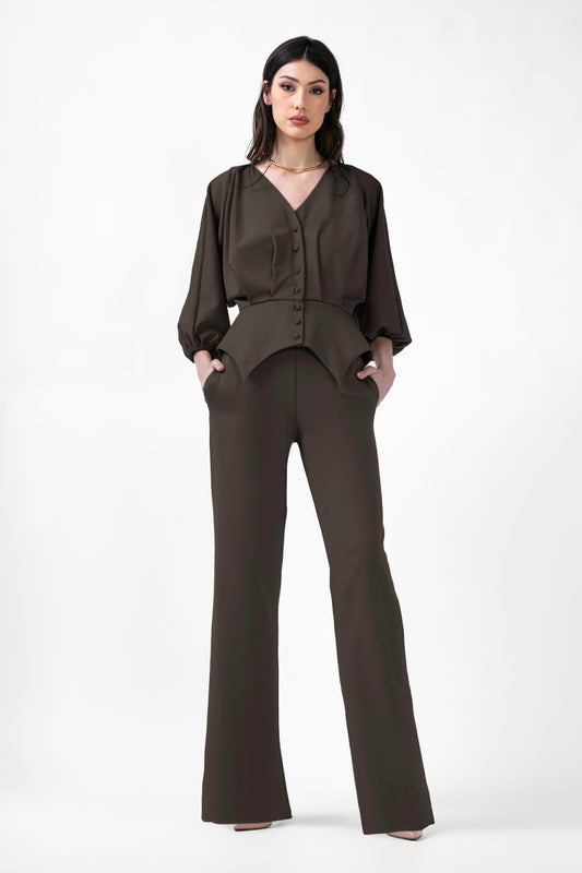 Khaki Set With Blouse With Puffed Sleeves And Wide Leg Trousers