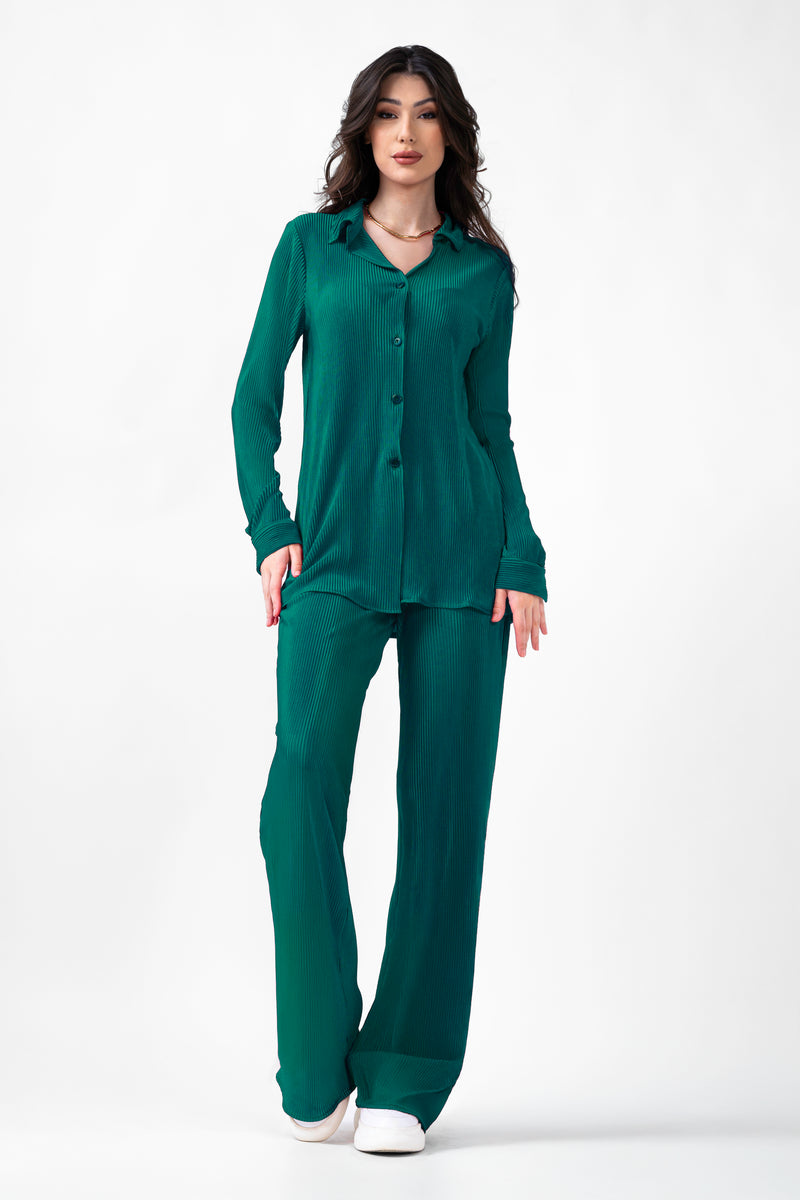 Set verde cu bluza si pantaloni drepti din material plisat